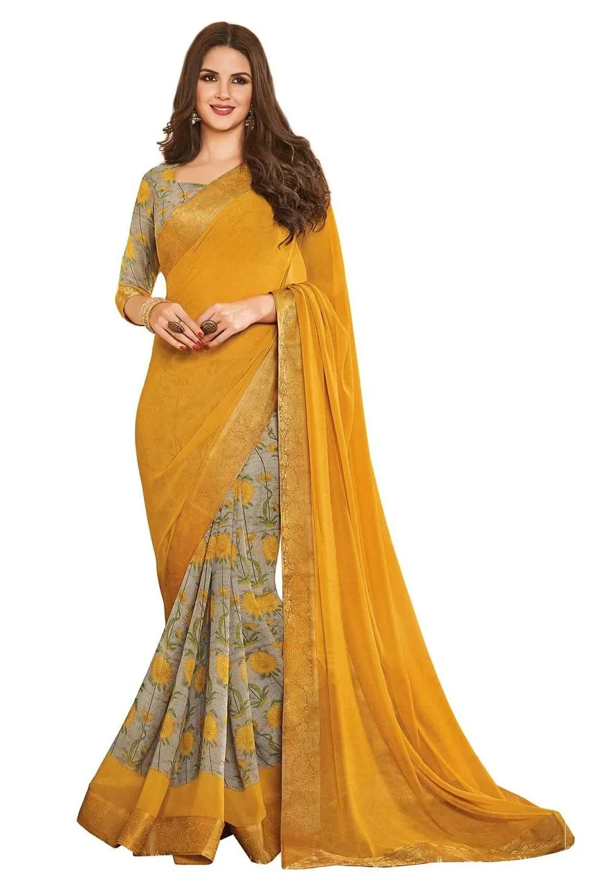 A mustard and patterned saree from Nucreation’s catalogue