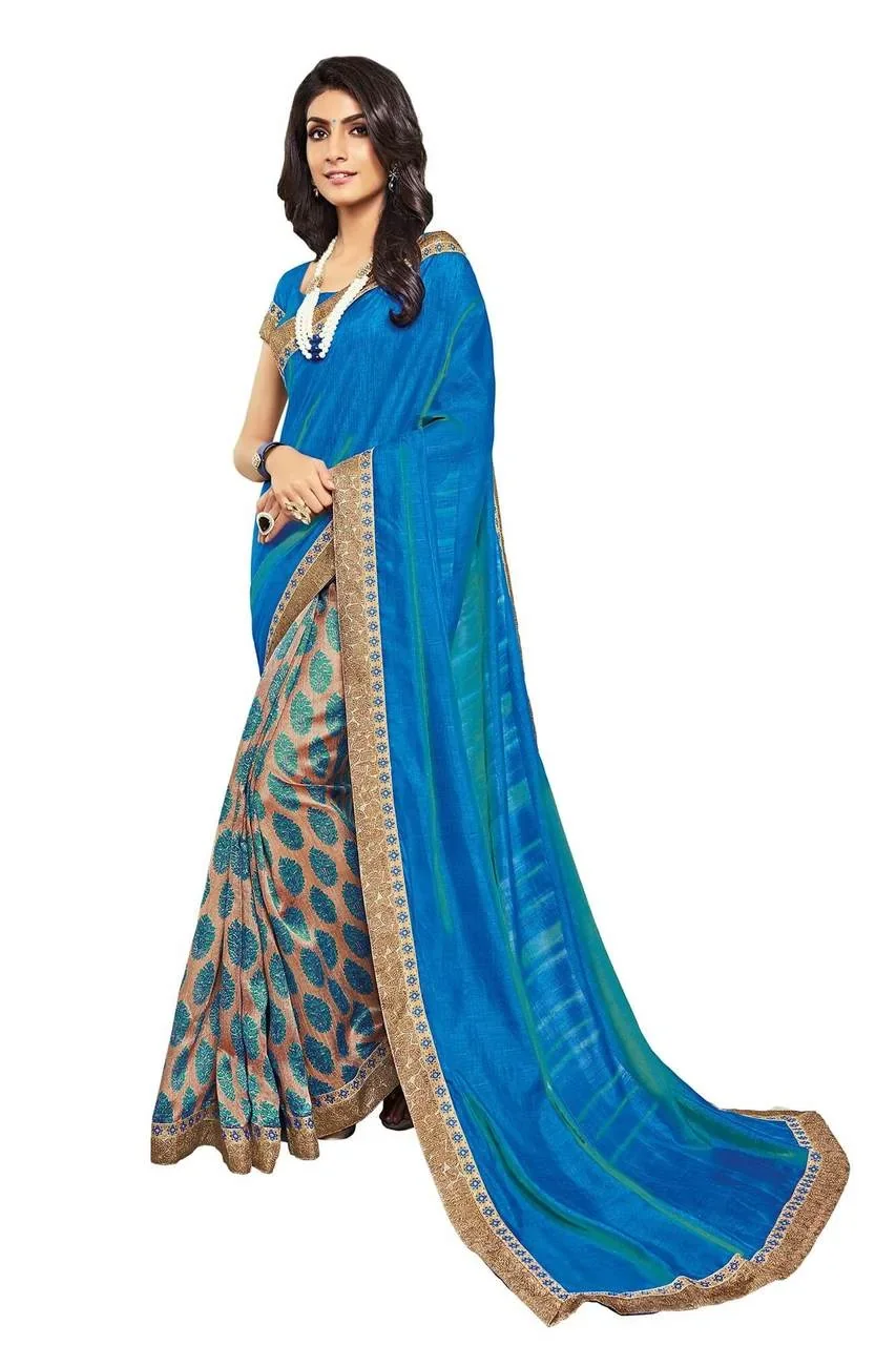 A blue and patterned saree shown in Nucreation’s catalogue