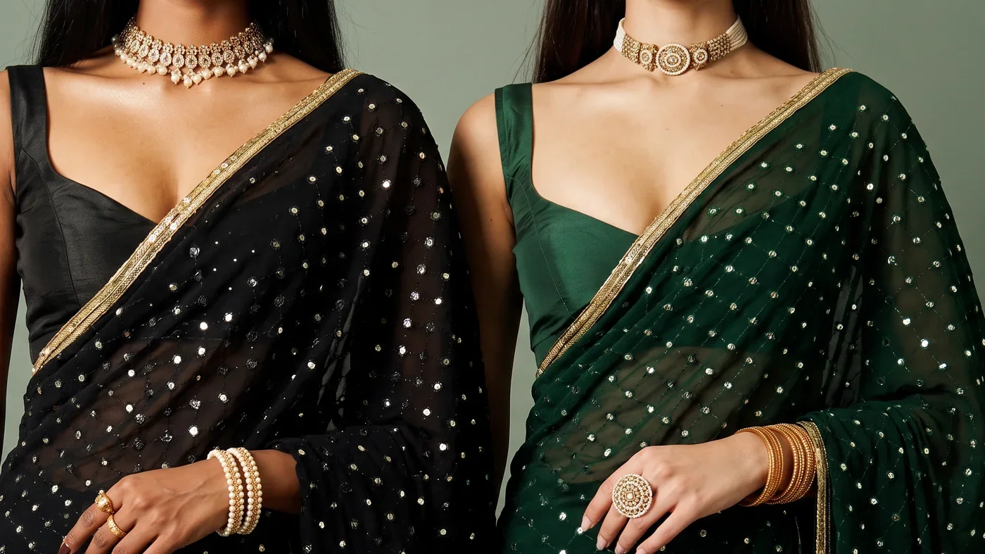 Two embellished sarees in black and dark green from The Saree Room