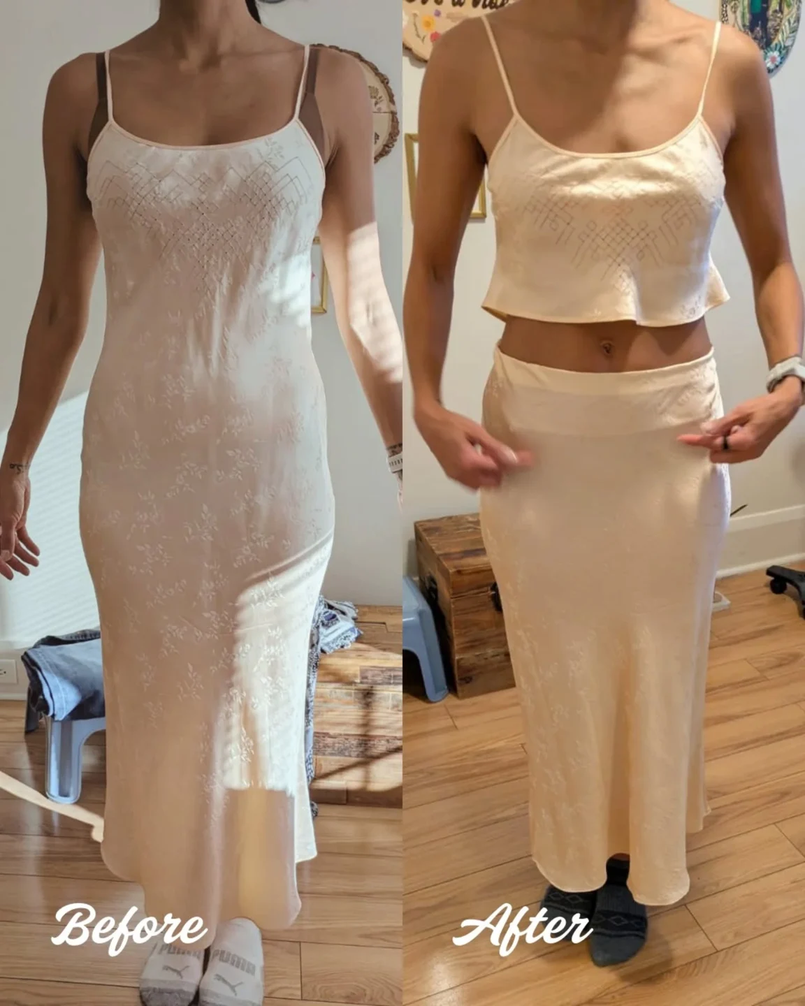 Before and after views of a cream silk slip dress remade into a top and skirt
