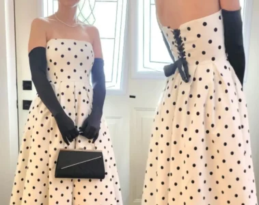 Two views of a woman wearing a polka-dot dress with a lace-up back