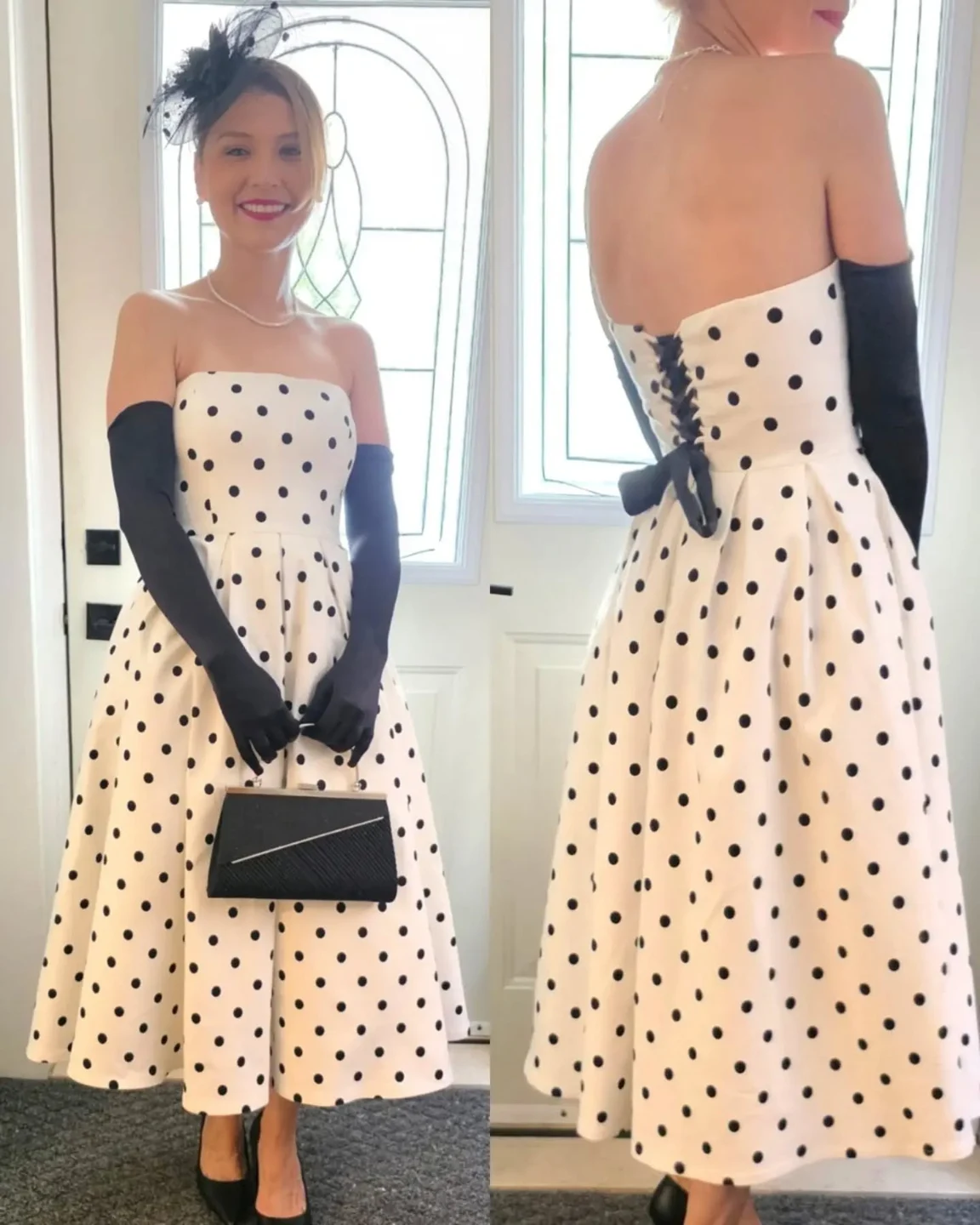 Two views of a woman wearing a polka-dot dress with a lace-up back