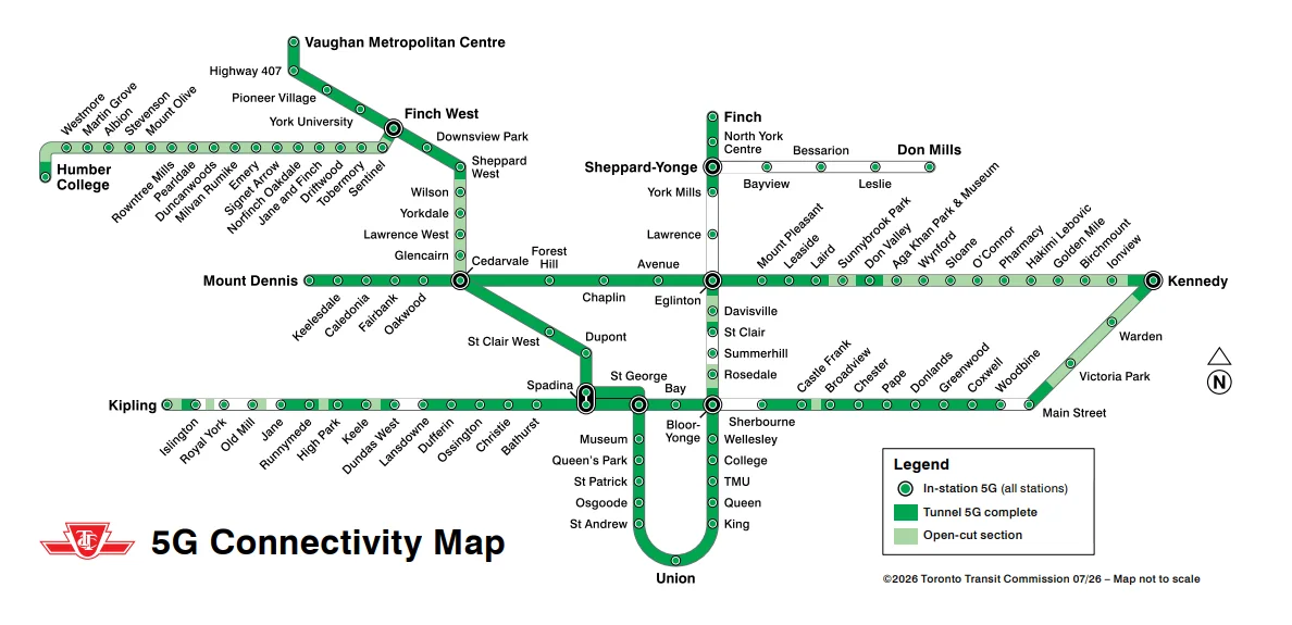 TTC’s July 2026 map distinguishes connected stations, completed tunnel sections and open-air sections