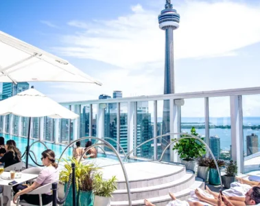 Guests relax beside Bisha Hotel Toronto's rooftop pool with the CN Tower, Rogers Centre and Lake Ontario beyond