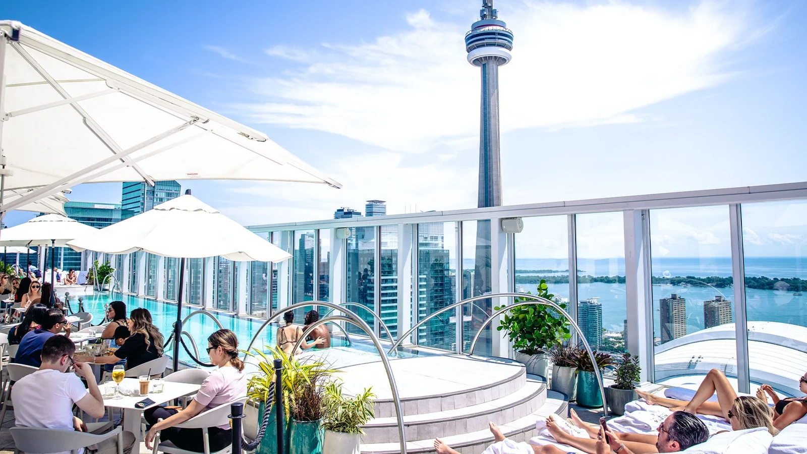 Guests relax beside Bisha Hotel Toronto's rooftop pool with the CN Tower, Rogers Centre and Lake Ontario beyond