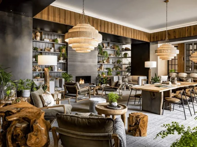 Wood tables, woven lights and green plants in the lobby at 1 Hotel Toronto