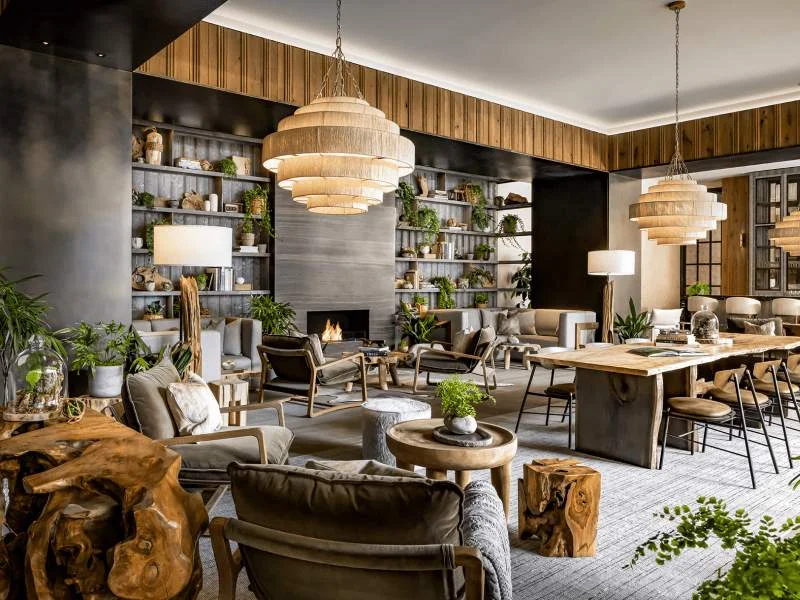 Wood tables, woven lights and green plants in the lobby at 1 Hotel Toronto