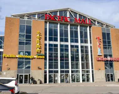 Exterior entrance and signs at Pacific Mall in Markham