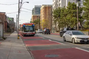 Red RapidTO bus lanes on Dufferin Street in Toronto in 2026