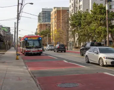 Red RapidTO bus lanes on Dufferin Street in Toronto in 2026