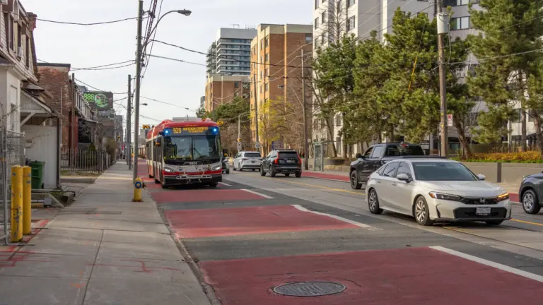 Red RapidTO bus lanes on Dufferin Street in Toronto in 2026