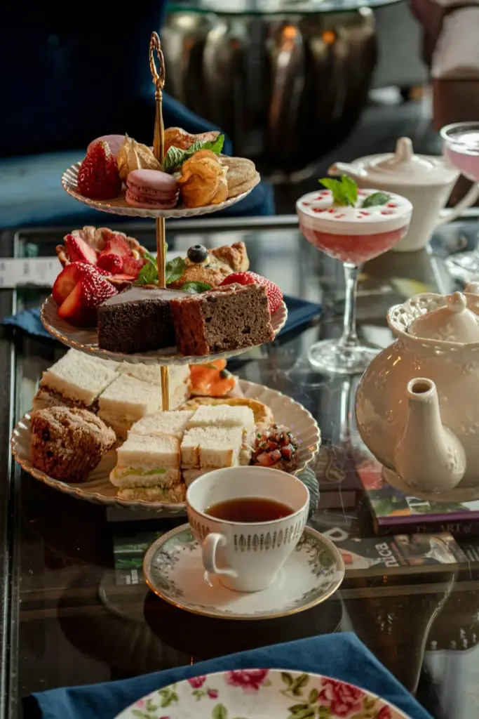 Tiered high tea tray with teapot at Reid's Distillery in Toronto
