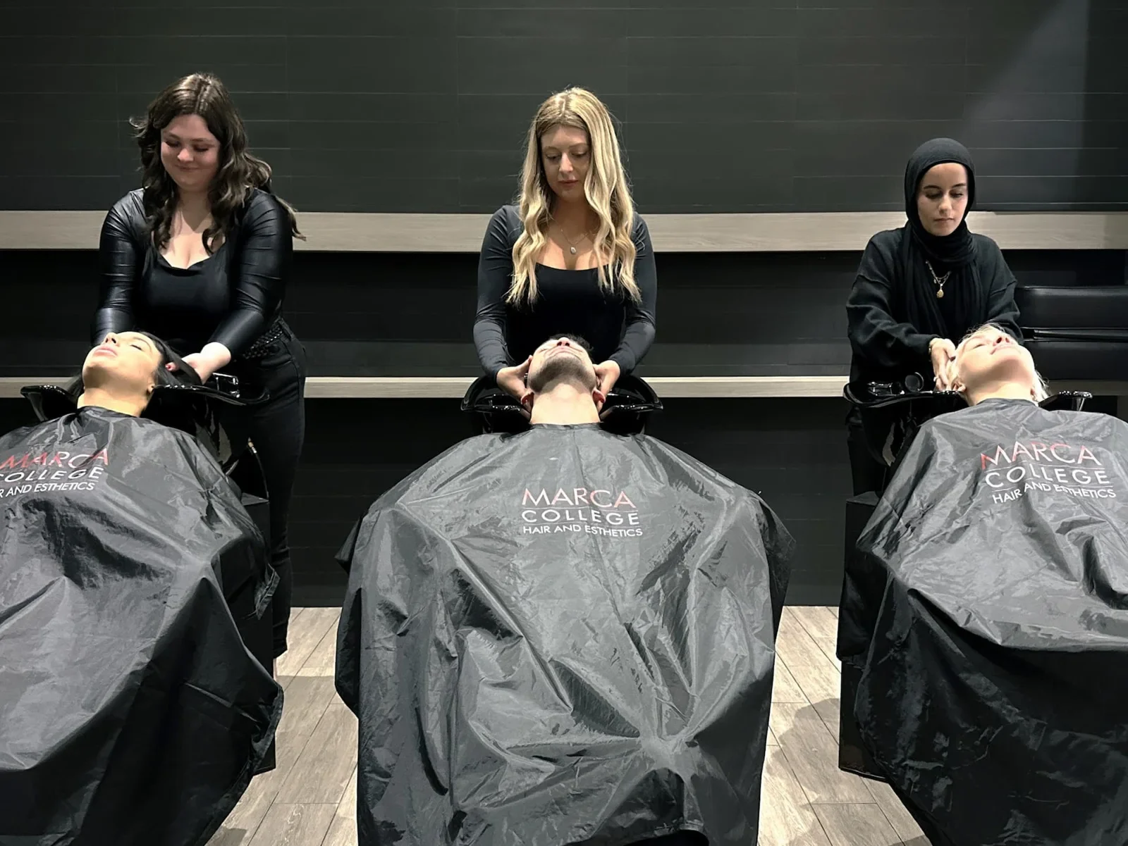 Hair-washing stations in Marca College’s service photograph.