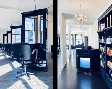 Styling chairs, mirrors and the front desk inside The Cabinet Salon.