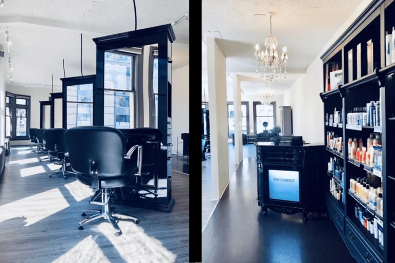 Styling chairs, mirrors and the front desk inside The Cabinet Salon.