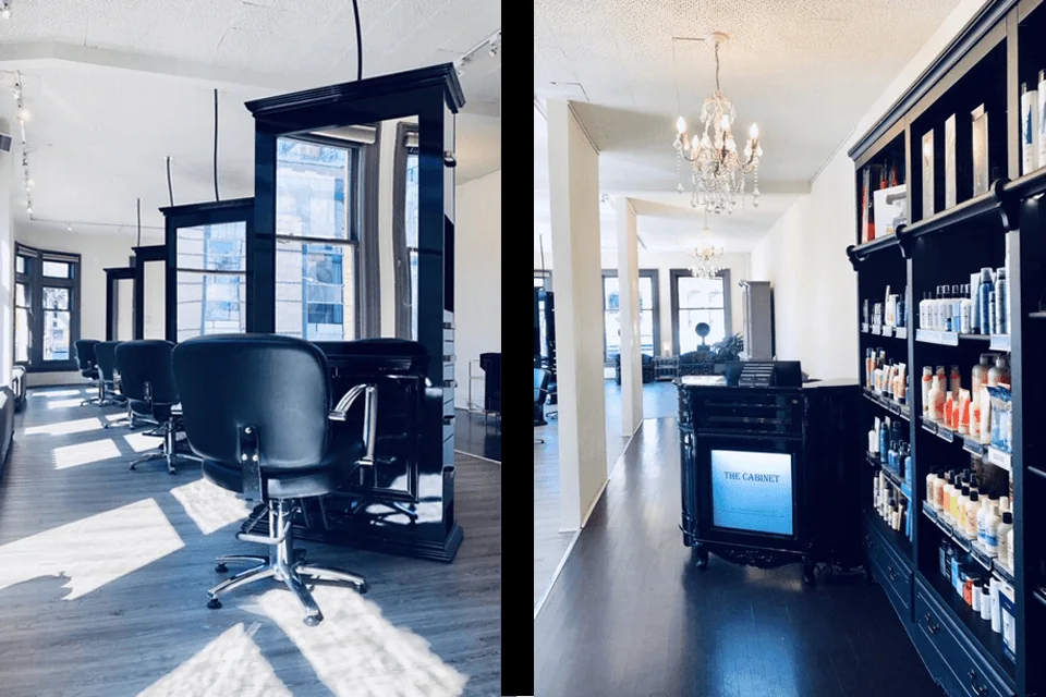 Styling chairs, mirrors and the front desk inside The Cabinet Salon.