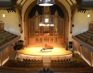 Jeanne Lamon Hall with its organ, stage and rows of seats, viewed from above