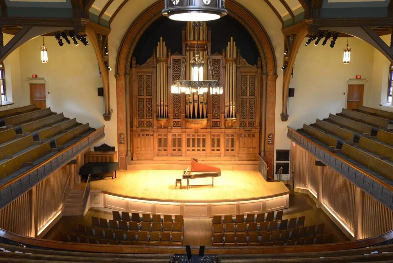 Jeanne Lamon Hall with its organ, stage and rows of seats, viewed from above