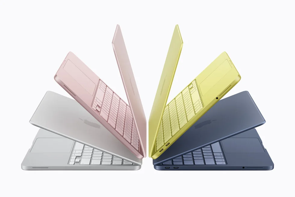 Four MacBook Neo colours shown in an Apple photograph