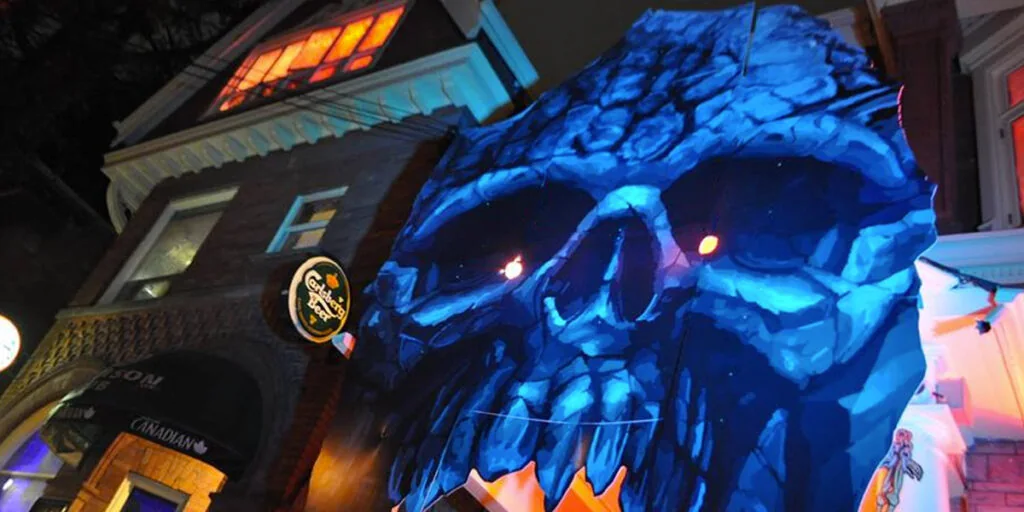 A Halloween skull decoration outside the Madison Avenue Pub