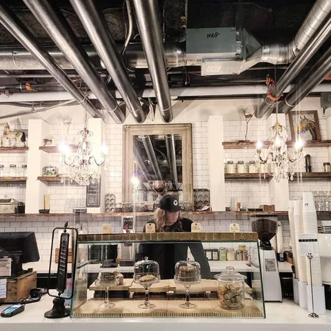 The counter and hanging lights inside Rooster Coffee House