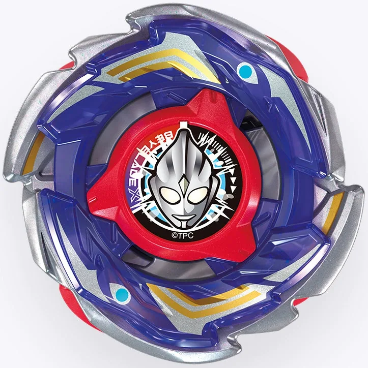 Blue, red and silver Beyblade top shown from above