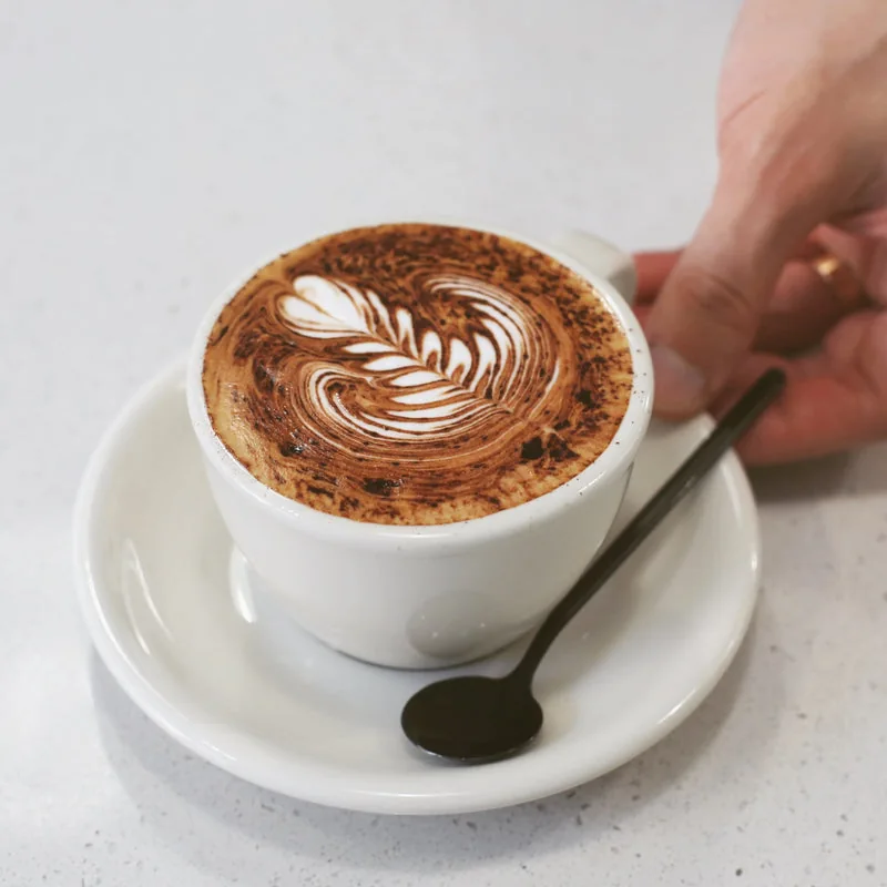 A cup of coffee with leaf-shaped latte art on a saucer