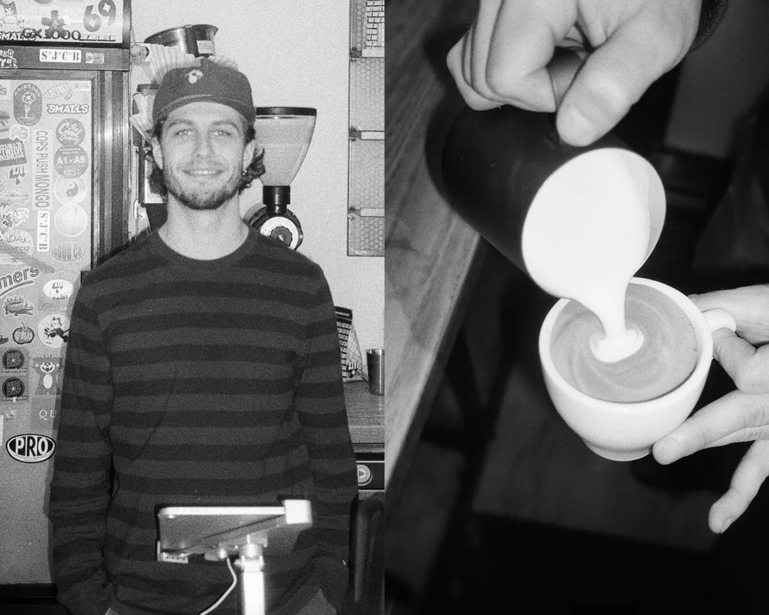 Two black-and-white photographs showing a barista and milk being poured at Sam James on Ossington