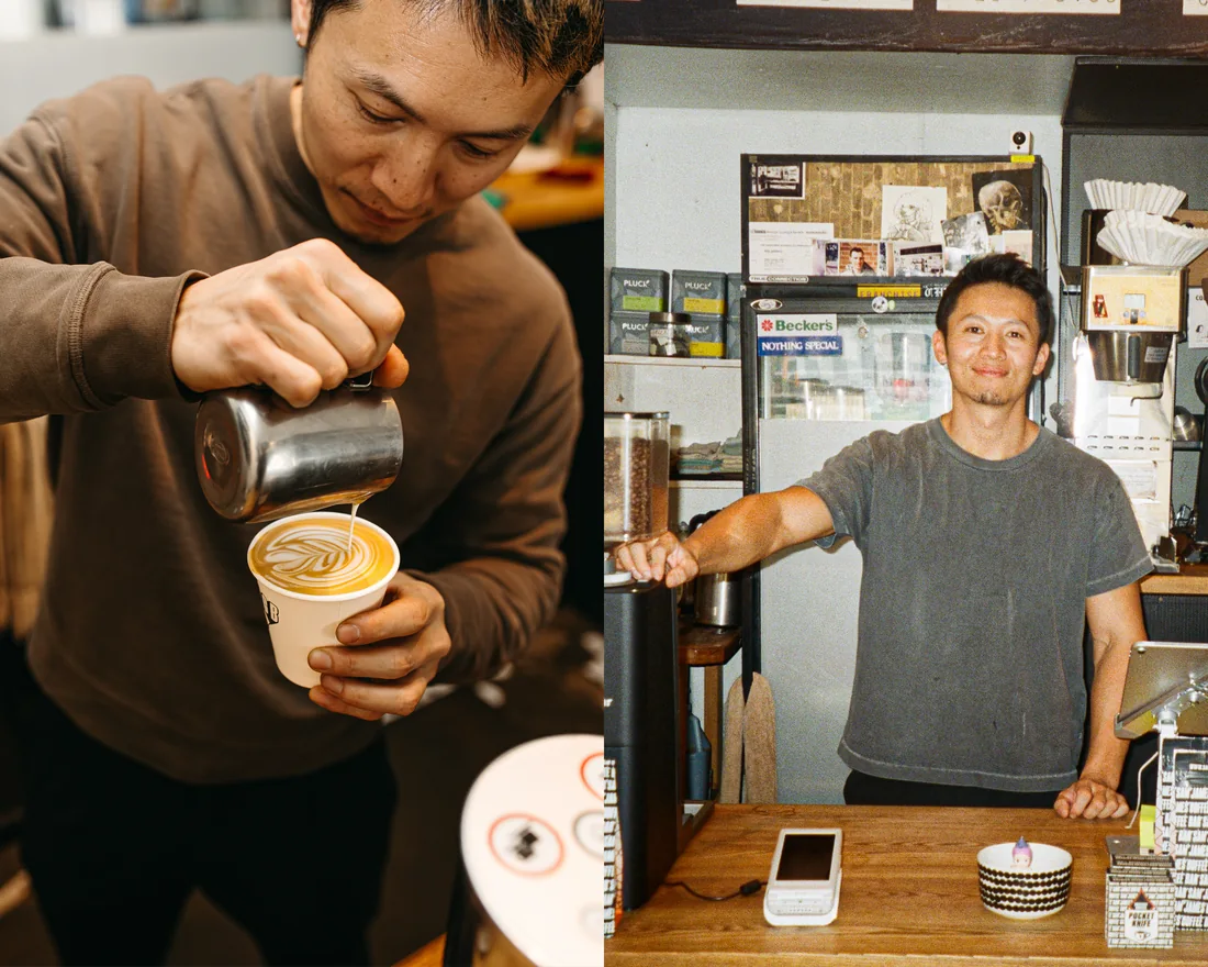 Two photographs of baristas making coffee at Sam James Coffee Bar