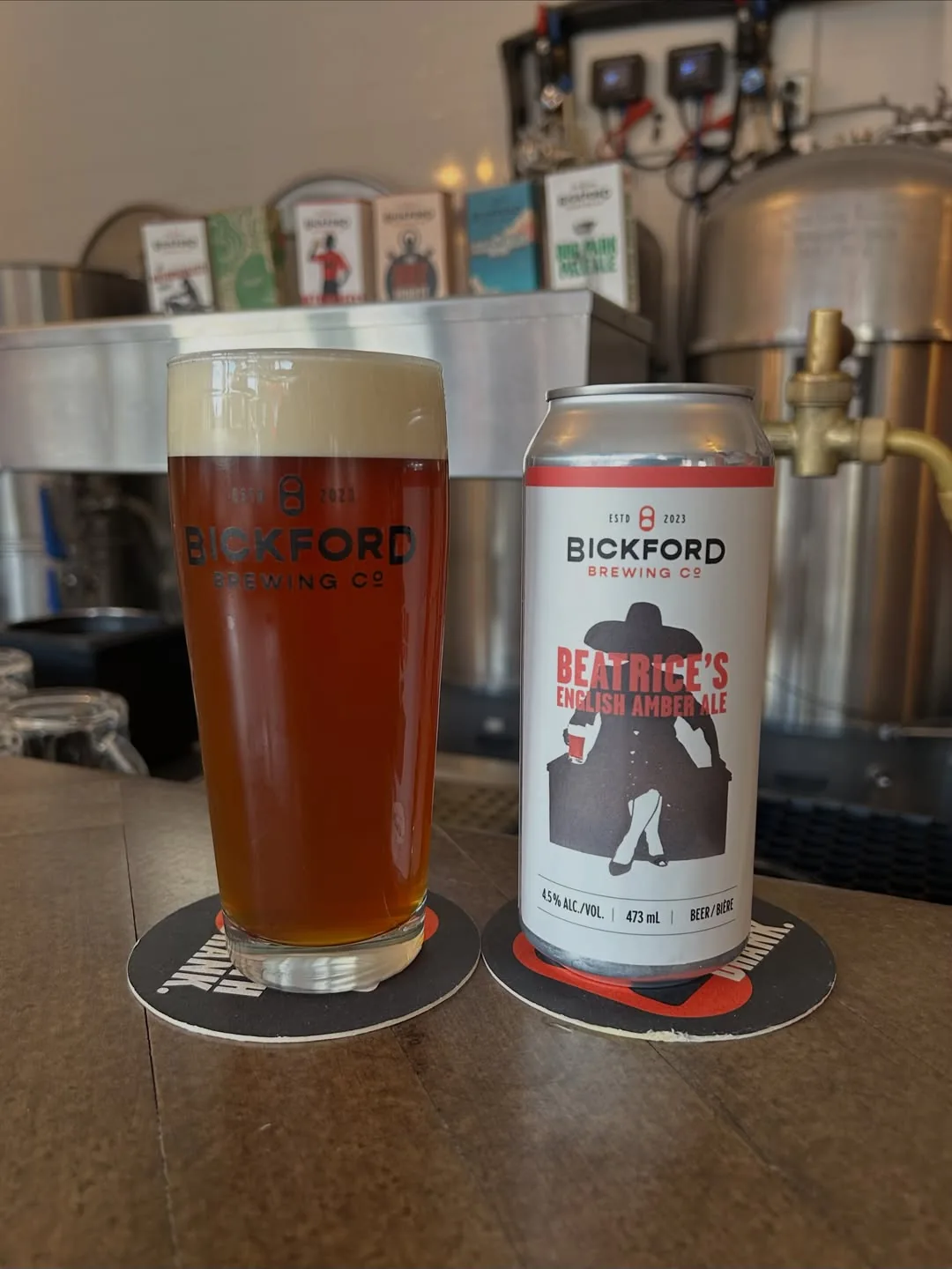 A glass and can of Bickford Beatrice’s English Amber Ale at the brewery