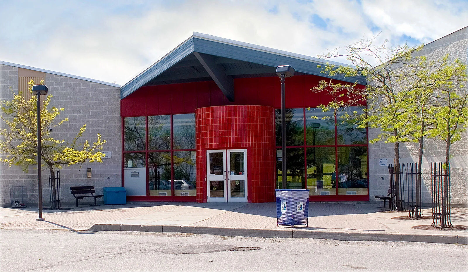 Red entrance and exterior of Port Union library