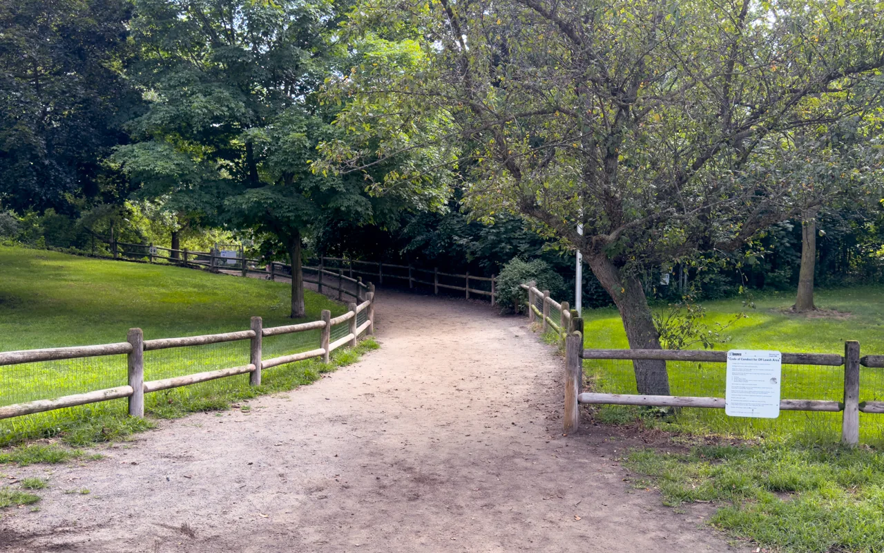 Path and wooden fences at the High Park off-leash area