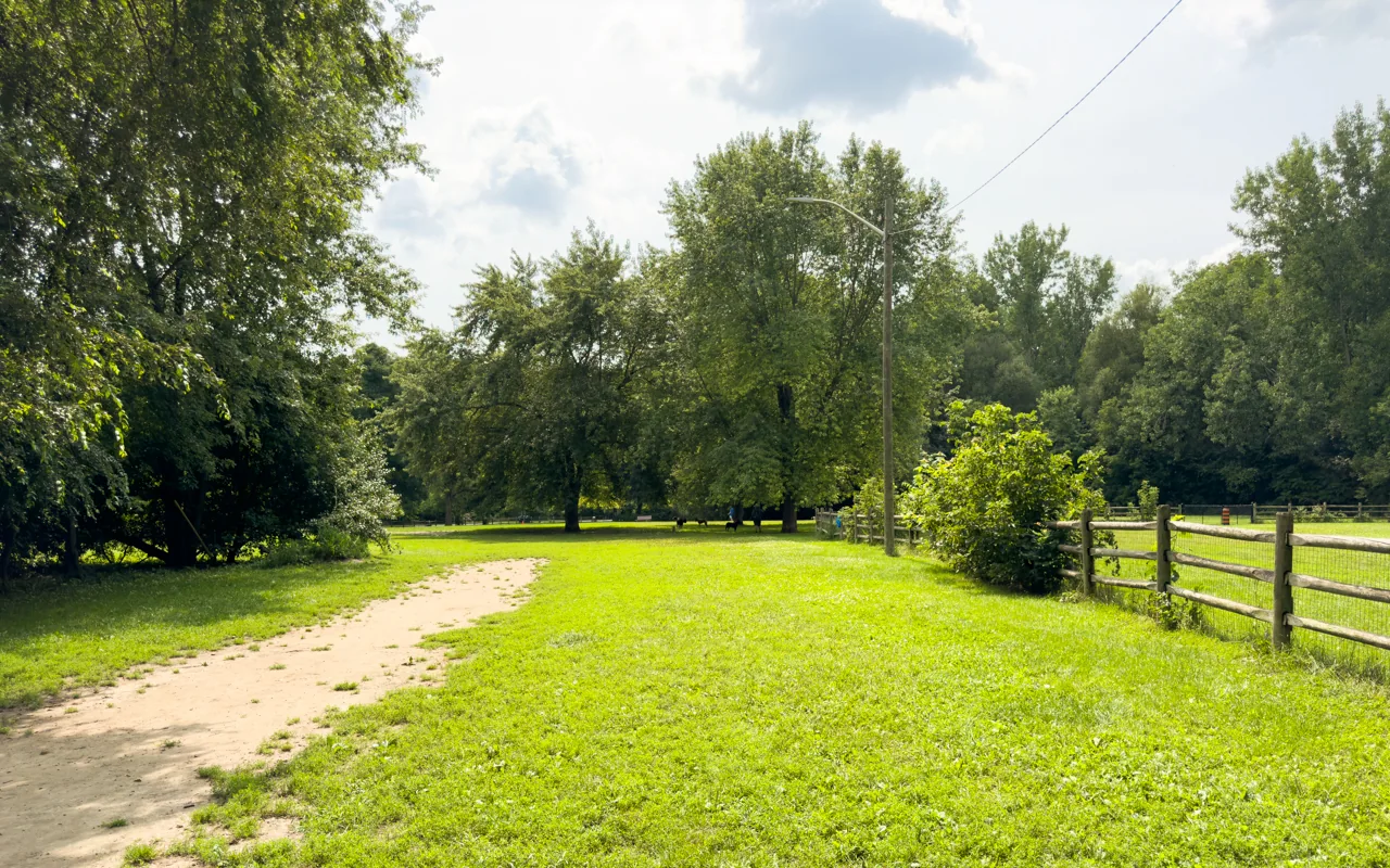 Grass and path beside a wooden fence in Sunnybrook’s off-leash area