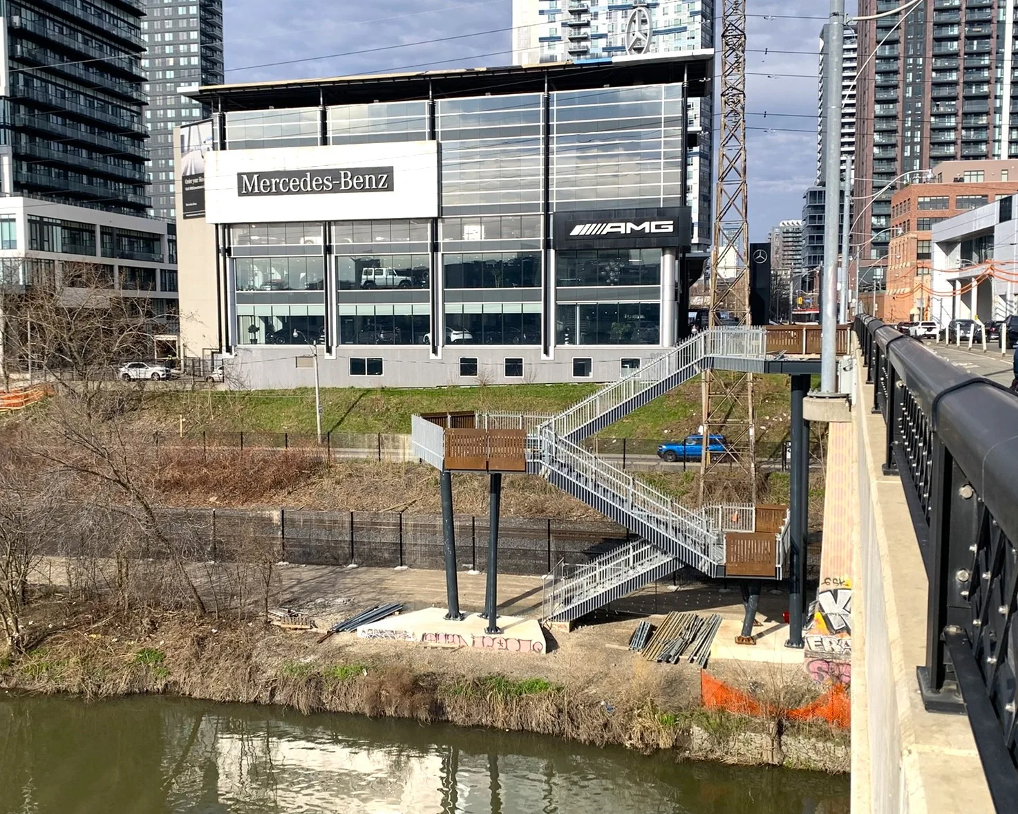 Multi-level metal staircase beside the Don River at Dundas Street