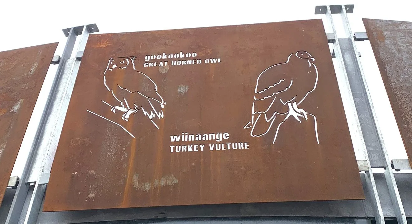 Bird-shaped railing panels with Indigenous bird names on the Riverdale connection