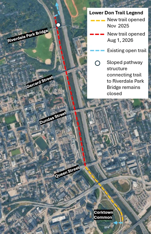 City map marking open Lower Don Trail sections and the closed Riverdale sloped connection