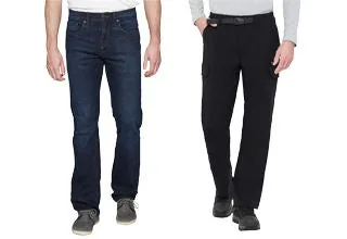 Two models wearing casual trousers from Costco’s catalogue