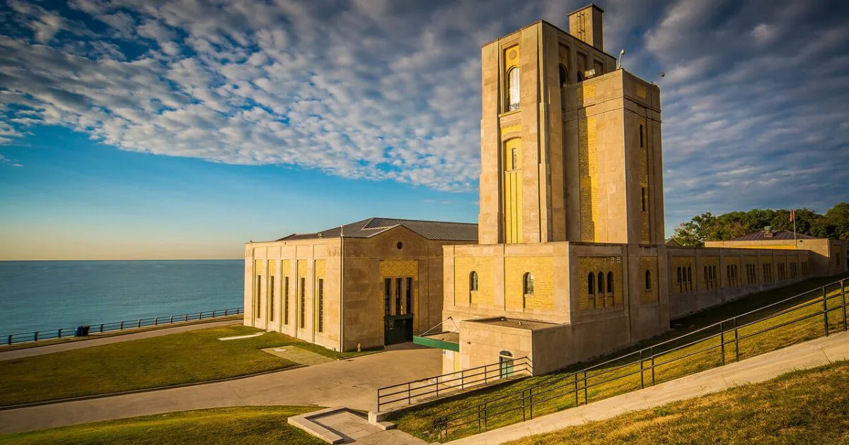 R.C. Harris Water Treatment Plant buildings overlooking the lake