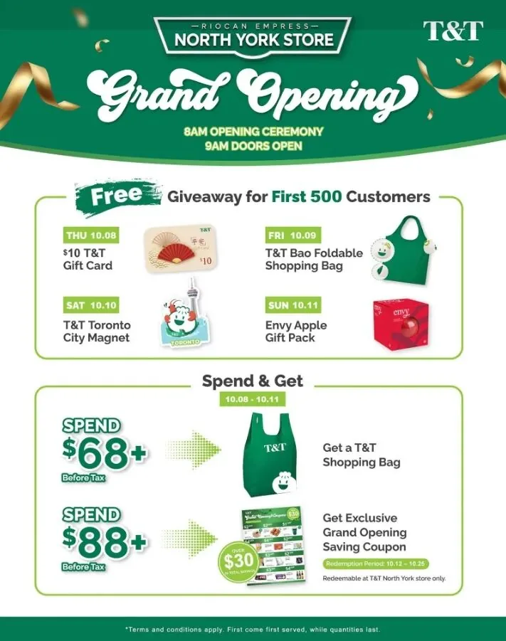 T&T opening flyer showing first-500 gifts and separate $68 and $88 spending offers