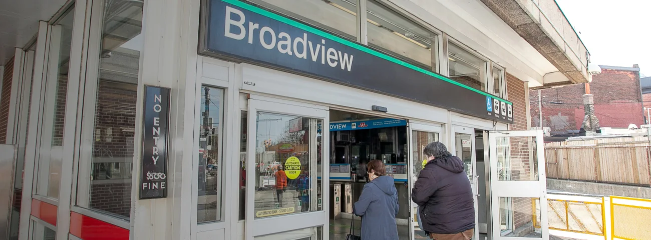 People approach the public entrance to Broadview Station