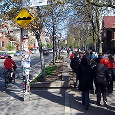 A group walks along a tree-lined Toronto sidewalk beside a cyclist