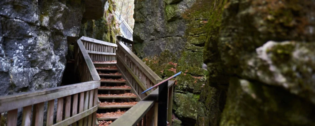 Wooden stairs between rock faces on a Mono Cliffs trail