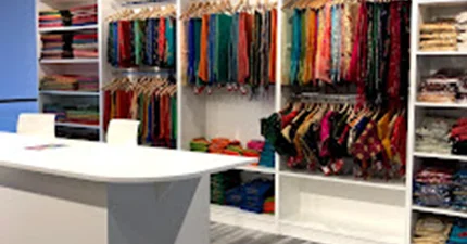 Saree fabrics displayed on racks in Nalli’s Ontario store