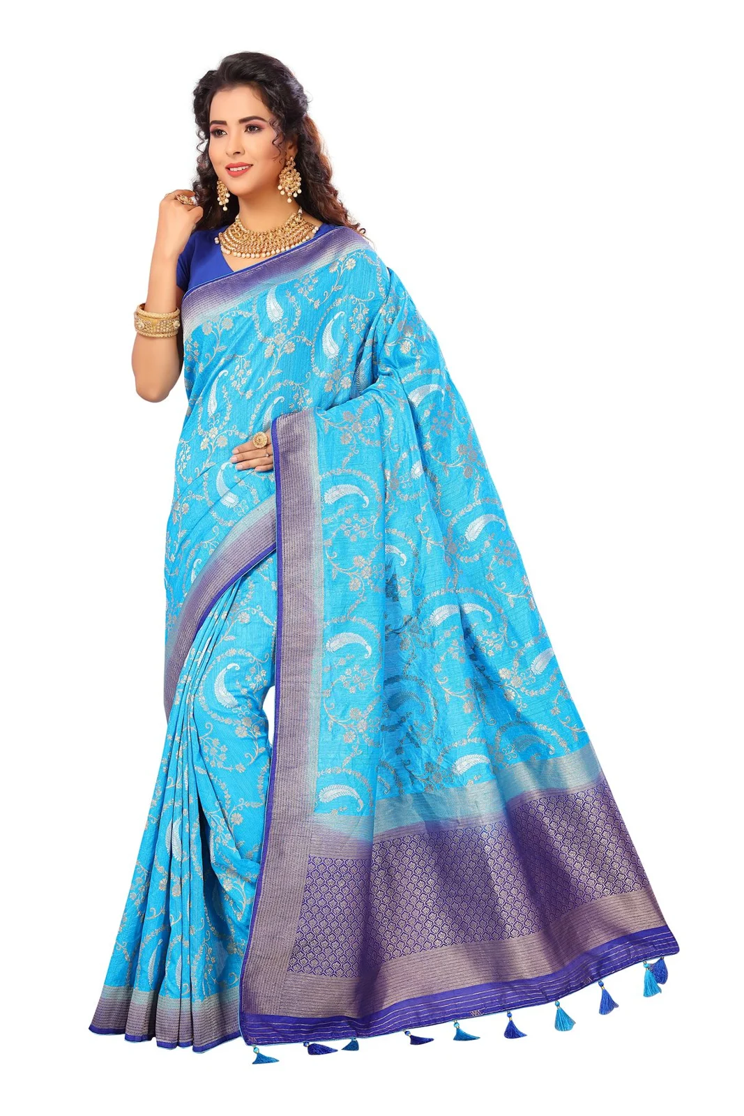 A model wearing a blue saree with a purple patterned border